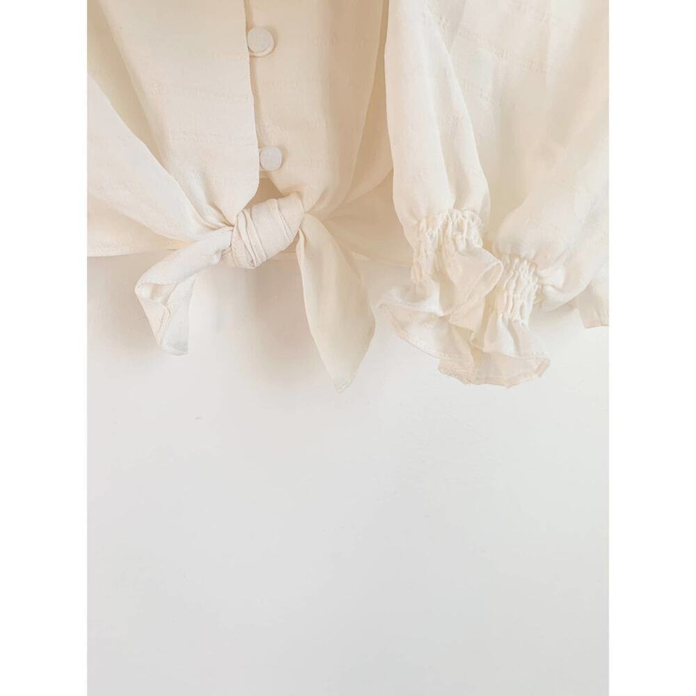 1. State Women's Long Sleeve Sheer Windowpane Tie Front Blouse Ivory NWT - Picture 5 of 8